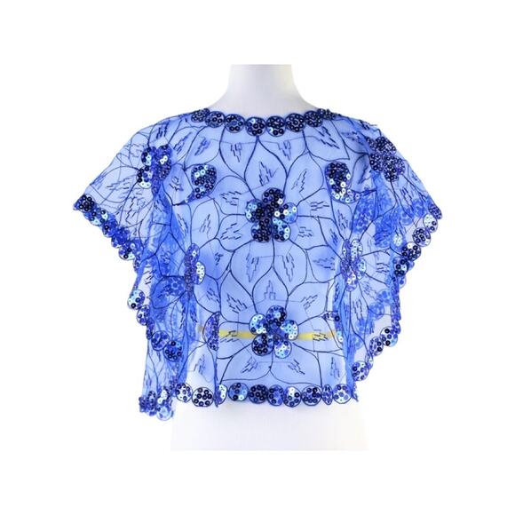 Cobalt Blue Mesh Caped Floral Print Top with Sequins And Beading - One Size - Picture 7 of 9
